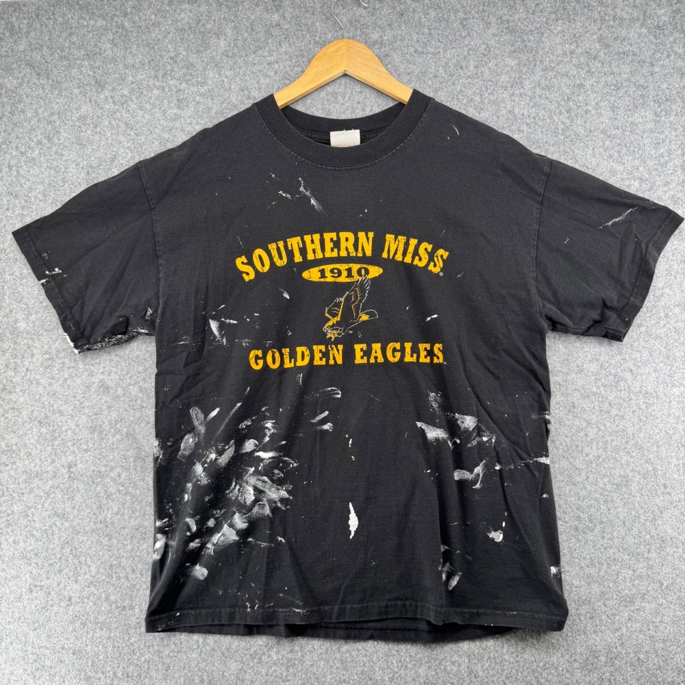 Vintage M&O Knits Southern Miss T-Shirt Mens L Black Paint Splatter Distressed